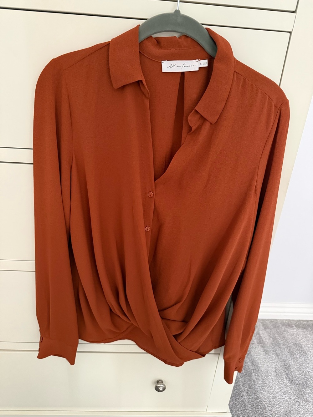 All in Favor Burnt Orange Draped Wrap-Front Blouse
